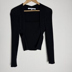 Black Rib Knit Square Neck Long Sleeve Top Womens XXL Y2K Retro Classic Winter